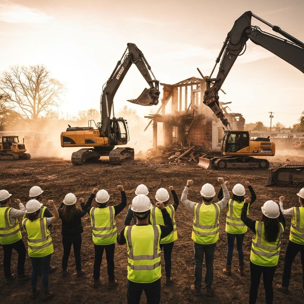 Demolition derby -- excavator tearing down a house while a diverse team cheers