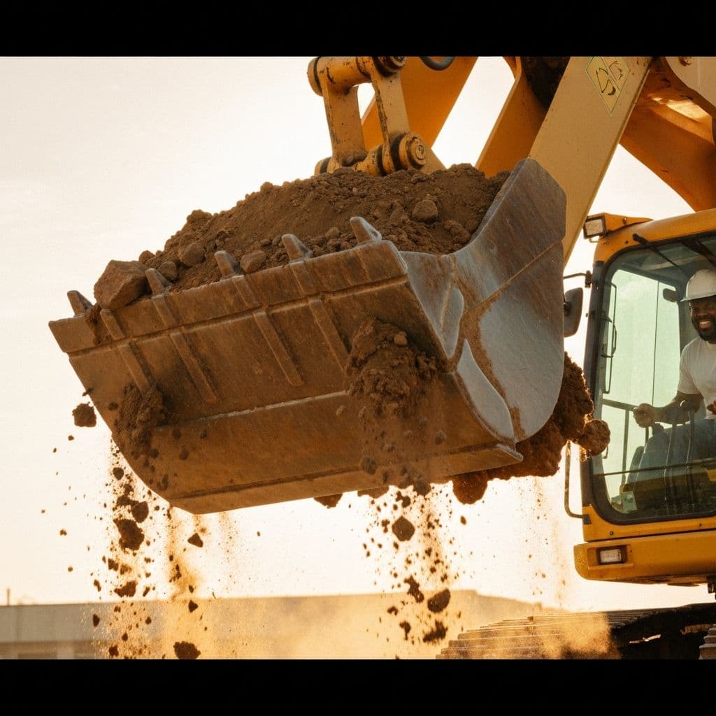 Excavator scooping a massive load of dirt, operator grinning through the glass