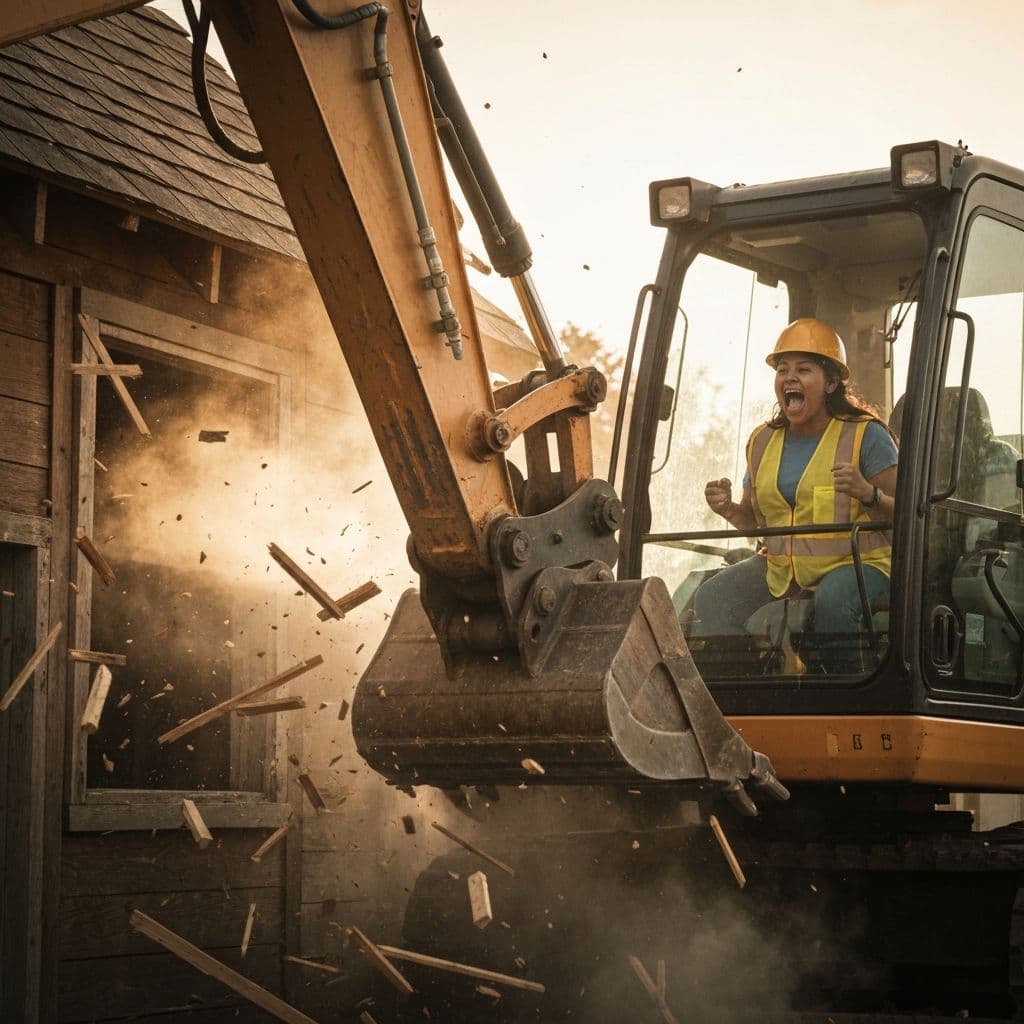 Excavator smashing through a wooden wall, debris flying, operator yelling with joy