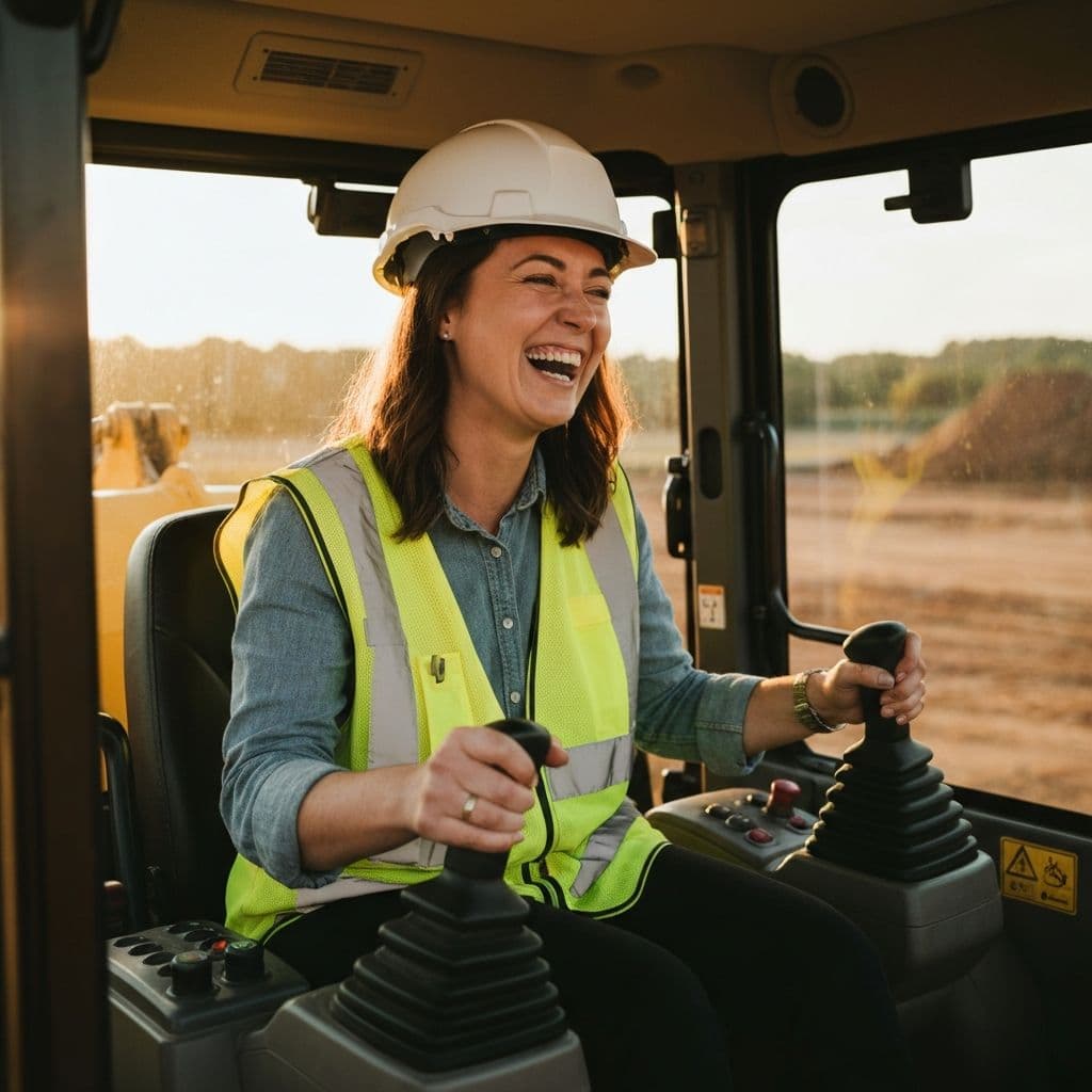 Woman laughing while operating an excavator